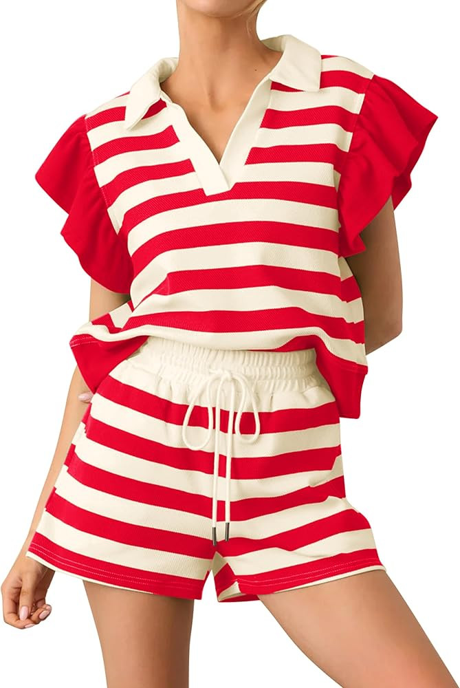 Striped Shorts Sets Women 2 Piece Outfits Ruffle Cap Sleeve Tops and High Waisted Drawstring Shor... | Amazon (US)