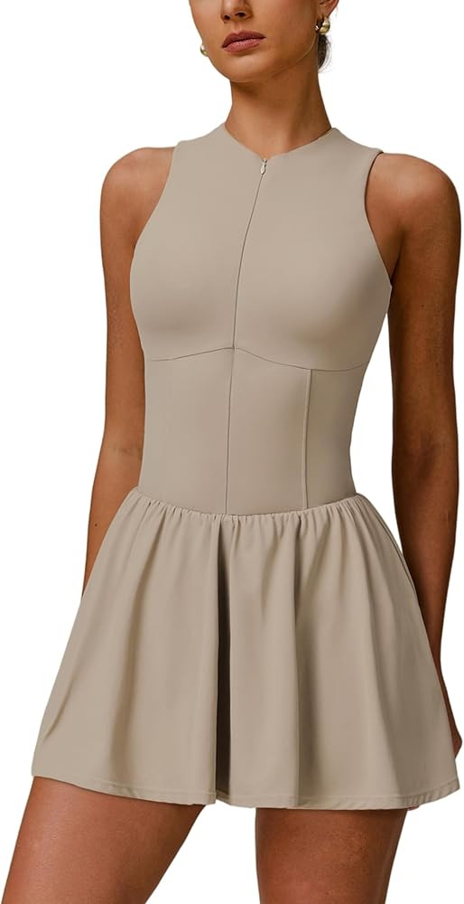 Amazon.com: ABOCIW Athletic Dress for Women Zip Front Tennis Dress Built in Shorts High Neck Slee... | Amazon (US)
