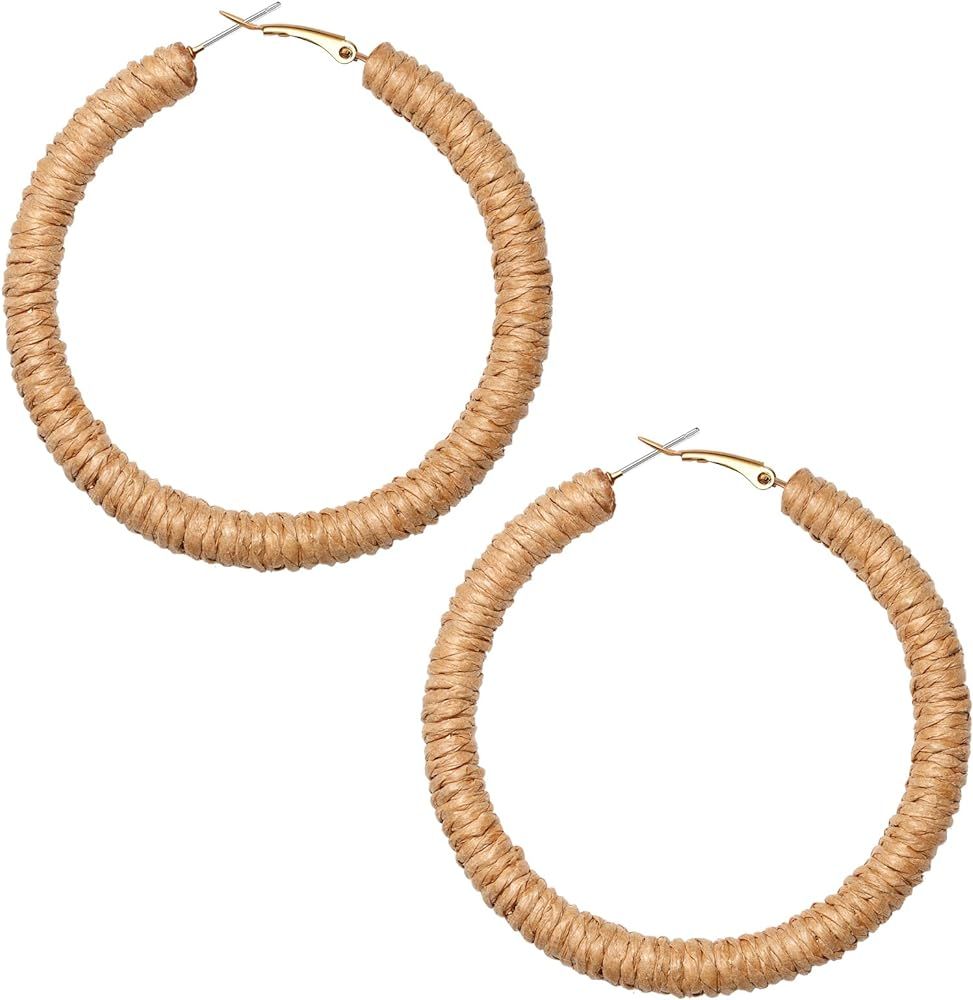 Rattan Earrings Boho Raffia Earrings For Women Handmade Woven Wicker Hoop Earrings Rattan Earring... | Amazon (US)