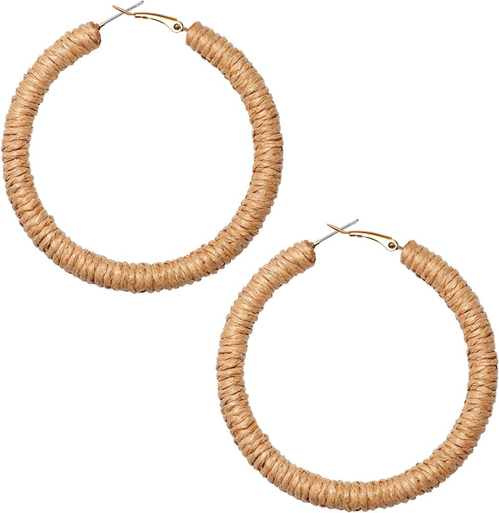 Rattan Earrings Boho Raffia Earrings For Women Handmade Woven Wicker Hoop Earrings Rattan Earring... | Amazon (US)