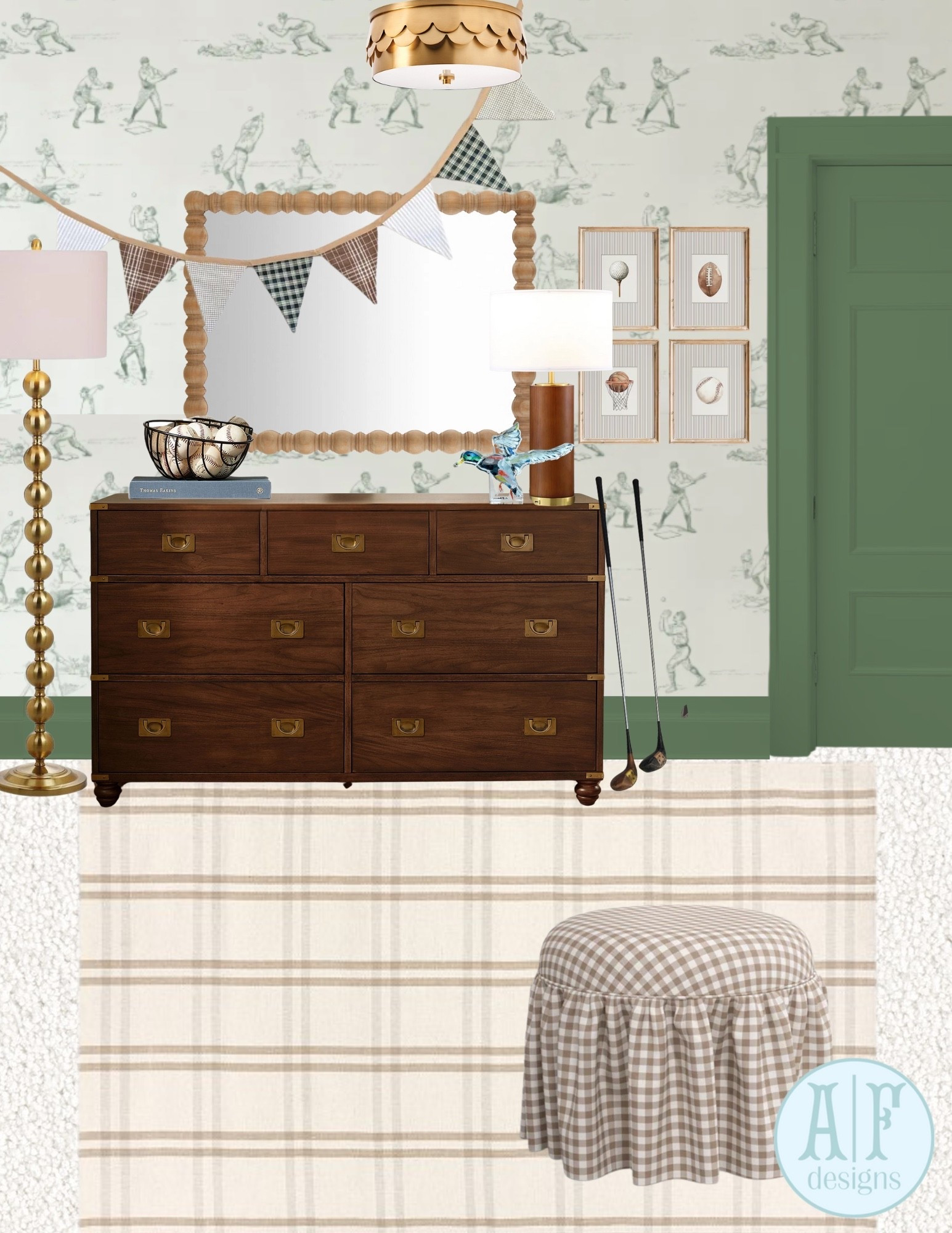 sports/ ralph lauren inspired boys room🧸💚
loving this wallpaper paired with green trim! it’s cozy yet sophisticated for a growing boy!

paint trim: SW6452 Inland
wallpaper: love vs. design
mallard: chelsea mcshane art

#LTKKids #LTKBaby #LTKHome