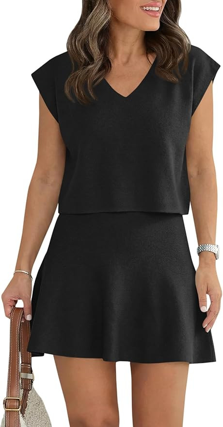 Wenrine Womens Summer 2 Piece Skirt Sets Casual V Neck Crop Tops A Line Mini Skirts Sleeveless Kn... | Amazon (US)