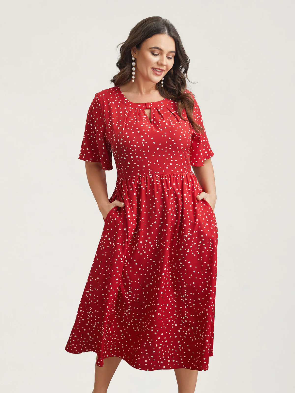 Polka Dots Print Cut-Out Flutter Sleeve Midi Dress | Bloomchic