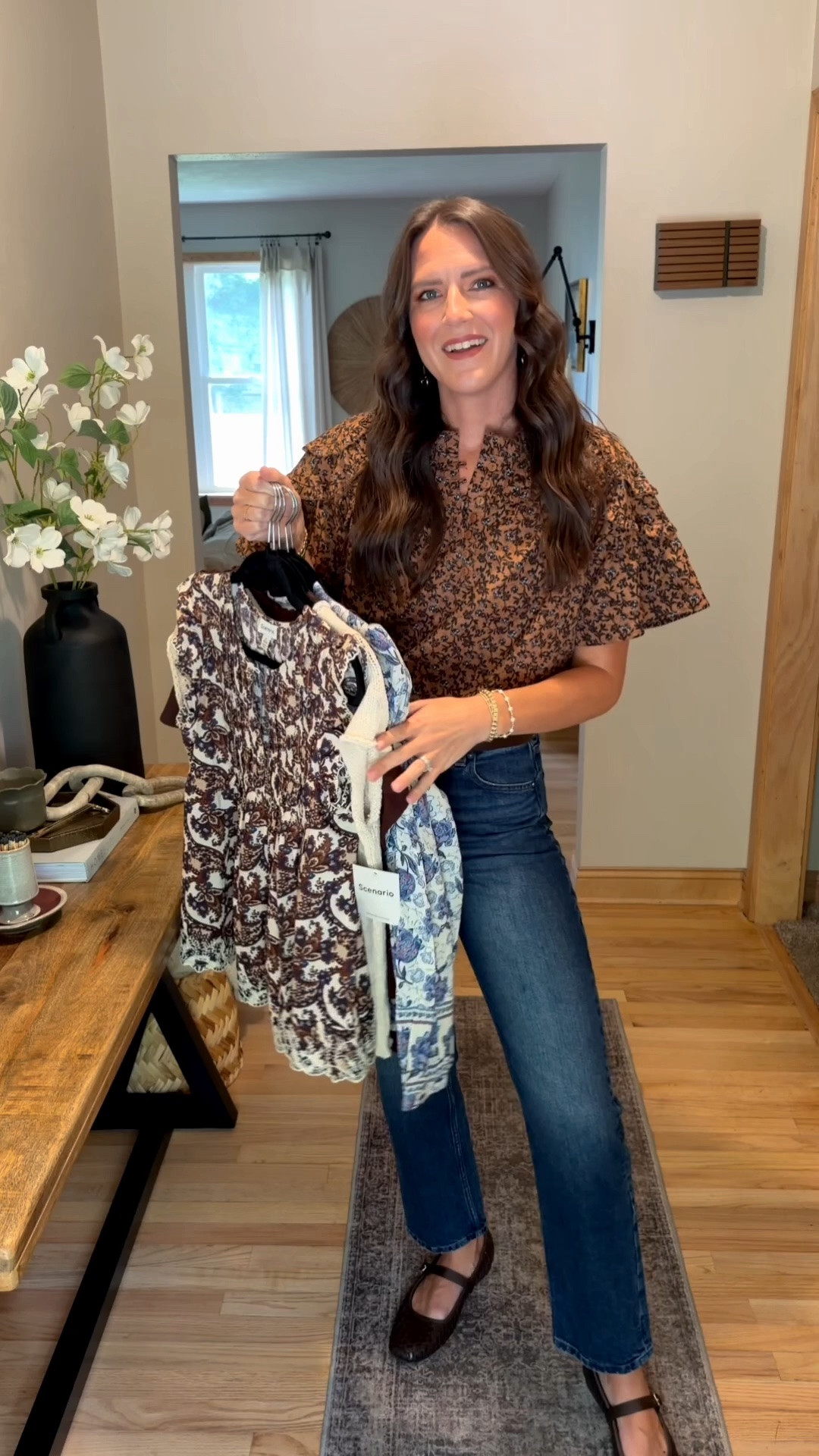 Walmart try on 

First brown top (size down, I’m in a xs) 
Second floral top (size up if in between or larger busted. I’m in a small) 
Brown tie front (small) 
Blue floral long sleeve (small) 
Cream sweater (medium) 
Brown tank (sized up to a medium) 
Leopard jacket (medium) 
Jeans (size 26 regular)