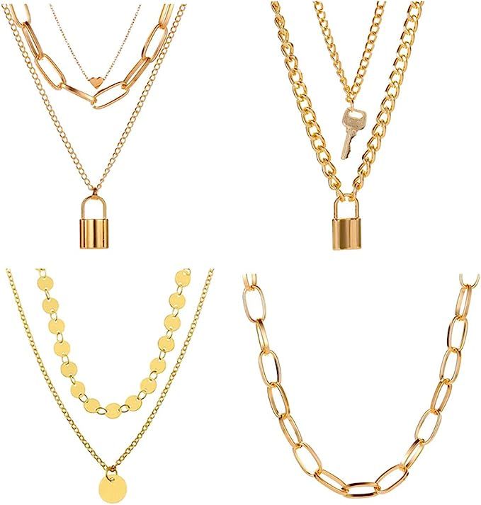 4PCS Layered Lock Chain Necklaces Set for Women Teen Girls，14K Gold/Silver Plated Bar Disc Coin... | Amazon (US)