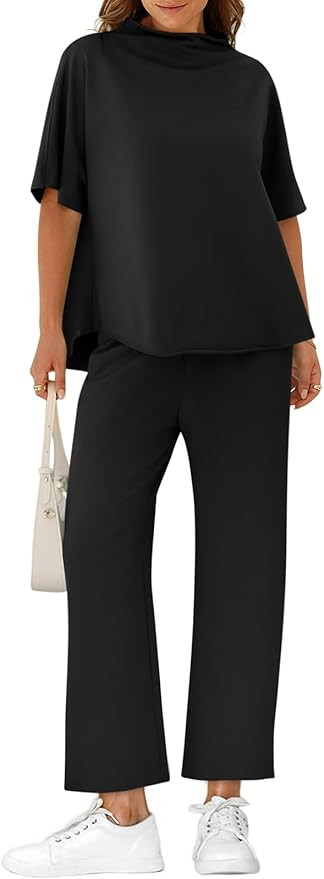 Yousify Women's Oversized Lounge Set 3/4 Batwing Sleeve Crew Neck Pullover Top Wide Leg Pants Two... | Amazon (US)