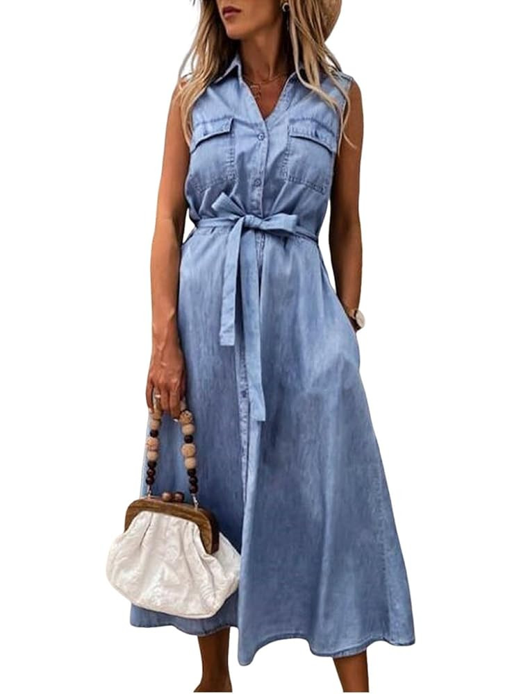 utcoco Womens Summer Casual Belted Sleeveless Denim Shirt Dresses Button A-Line Swing Jean Long D... | Amazon (US)