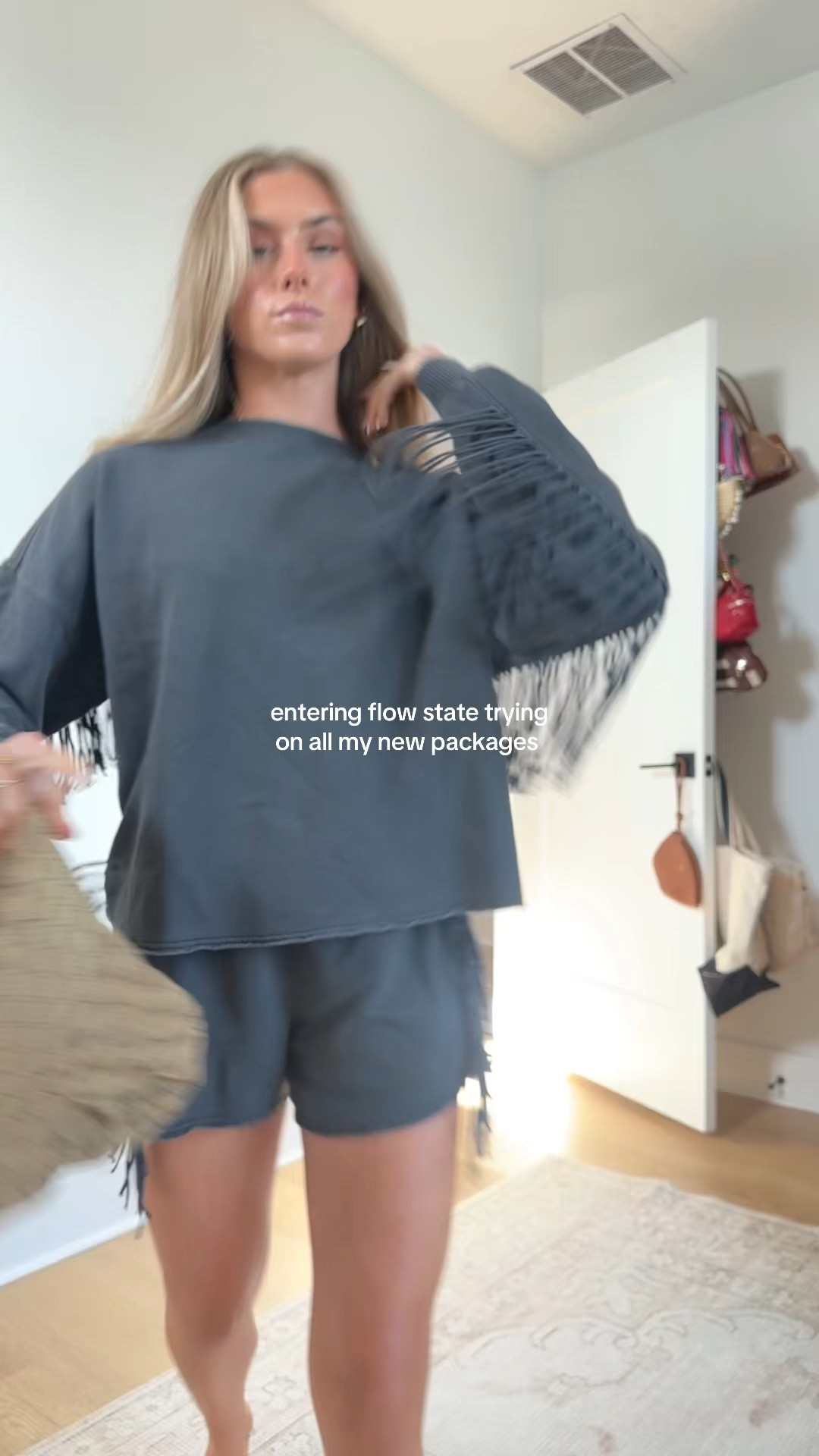 Entering glow state trying on my new packages. I got the cutest aerie matching fringe set and my hat is from DH g8 ;). Size xs in matching sets @Aerie 

#LTKSeasonal #LTKootd #LTKSaleAlert