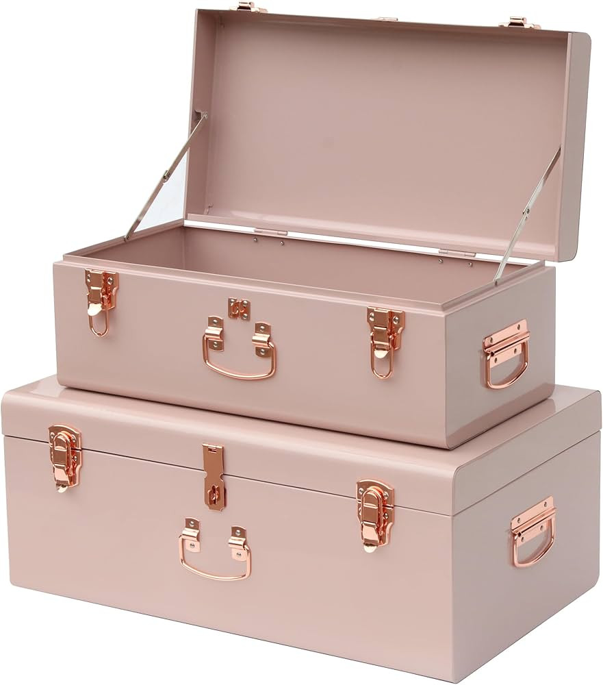 Vixdonos Decorative Large Metal Box Storage Trunk Chest Set of 2 Bedroom Trunk Organizer with Ros... | Amazon (US)