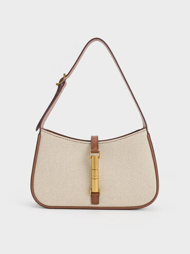 Chocolate Cesia Canvas Metallic Accent Shoulder Bag | CHARLES & KEITH | Charles & Keith EU