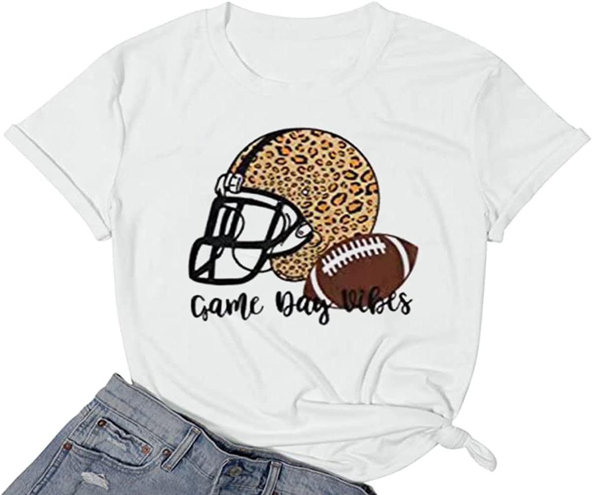 Meoyhp It's Game Day Y'all Women Shirt Funny Letter Leopard Football Mom Tee Casual Sunday Cute Top  | Amazon (US)