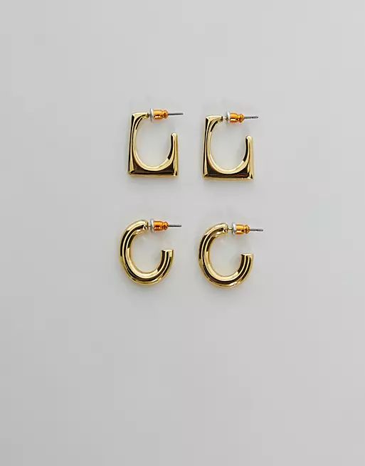 ASOS DESIGN 14k gold plated pack of 2 hoop earrings in oval and squared off design | ASOS (Global)