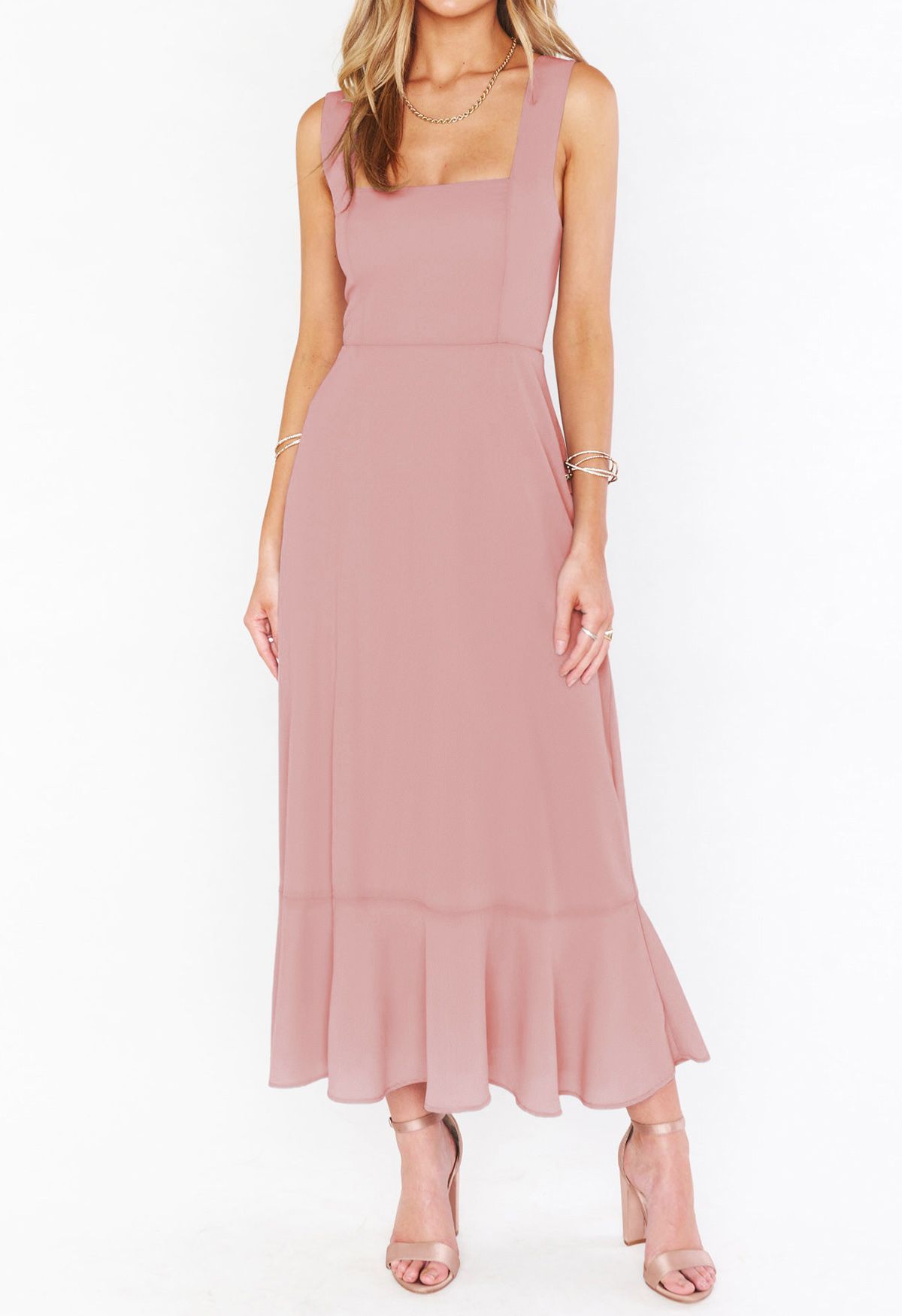Ruffle Hem Tie-Shoulder Cami Dress in Pink | Chicwish