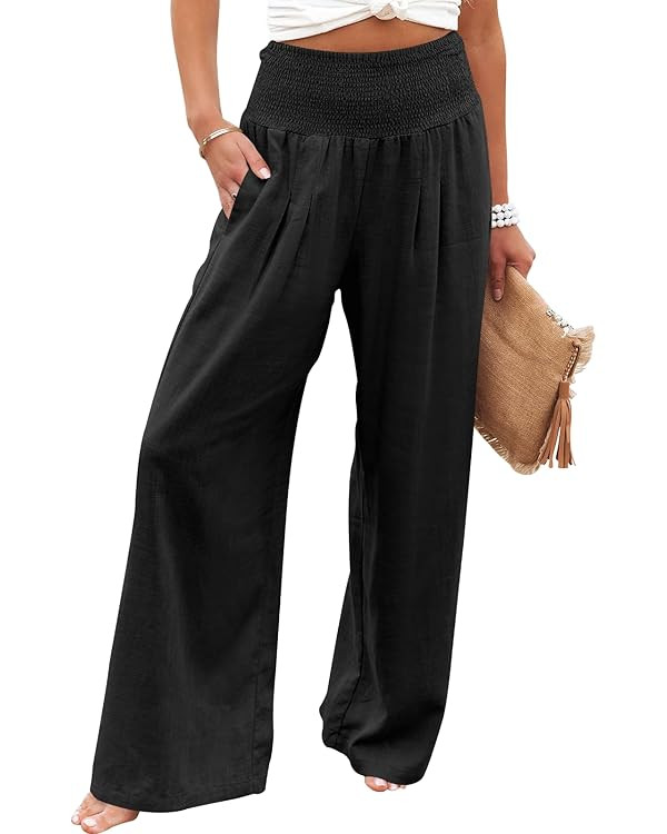 ANRABESS Women Linen Palazzo Pants Summer Boho Wide Leg High Waist Casual Lounge Pant 2025 Beach ... | Amazon (US)