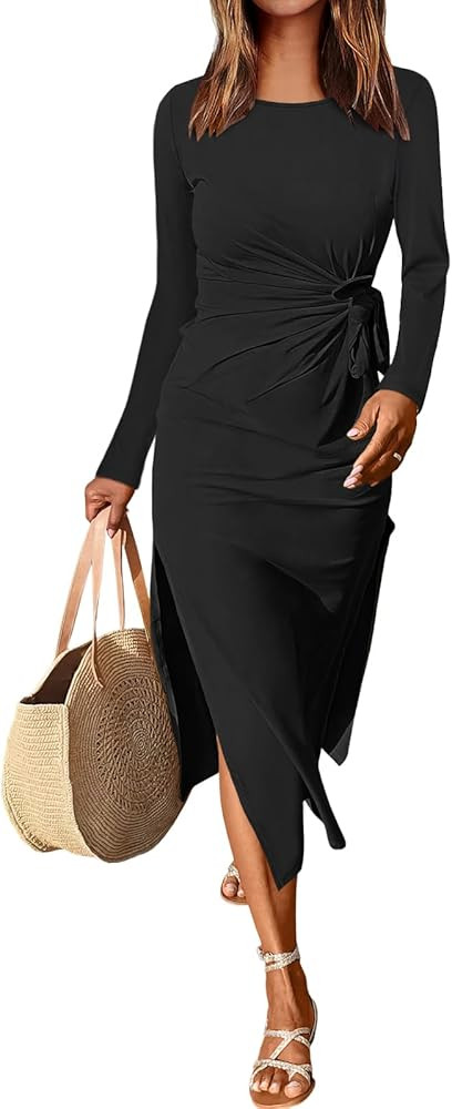 ANRABESS Womens 2025 Fall Long Sleeve Maxi Dress Crewneck Tie Waist Slit Casual Work Long T Shirt... | Amazon (US)