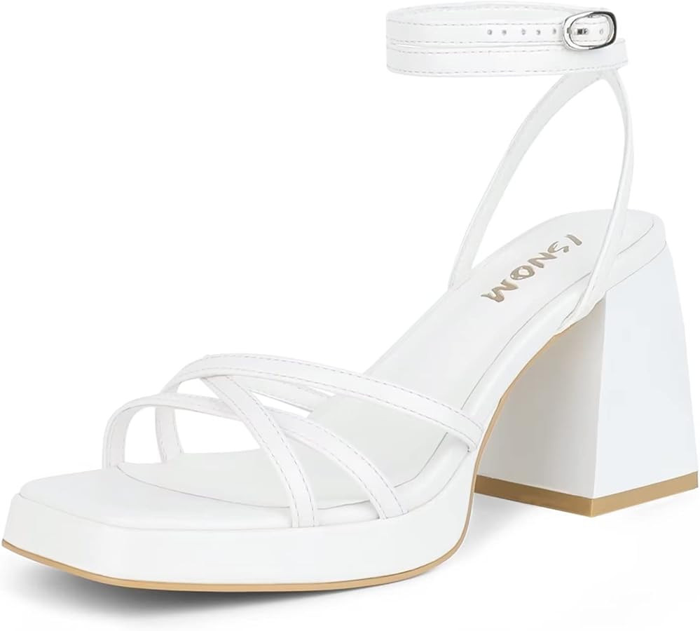 ISNOM Platform Heels for Women Comfortable Strappy Heels Short Block Chunky Sandals Ankle Strap S... | Amazon (US)