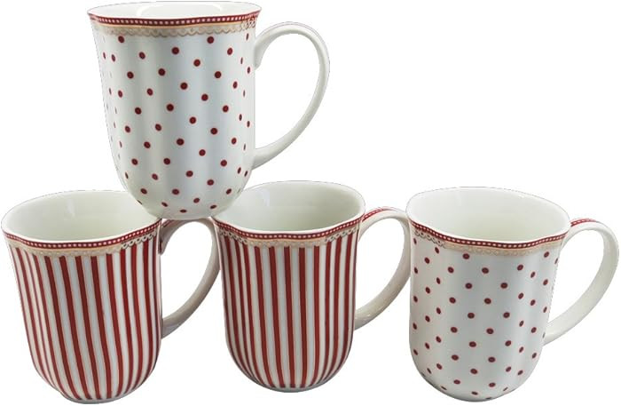 Grace Teaware Red Dot Stripes Scallop Porcelain Set of 4 Mugs 12-Ounce,G1960265RD/4 | Amazon (US)