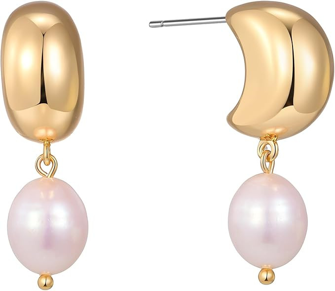 XYJZXY 18K Gold Pearl Drop Earrings for Women Freshwater Pearl Dangle Earrings Chunky Gold Hoop E... | Amazon (US)