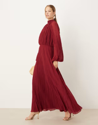 ASOS DESIGN high neck crinkle maxi dress with blouson sleeves in deep berry | ASOS | ASOS (Global)