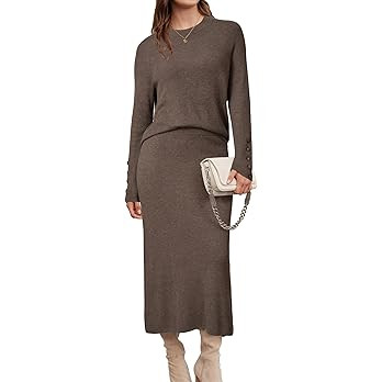 Arach&Cloz Women's Wool Blend Sweater 2 Piece Sets Business Lounge Long Sleeve Top Midi Dress Out... | Amazon (US)