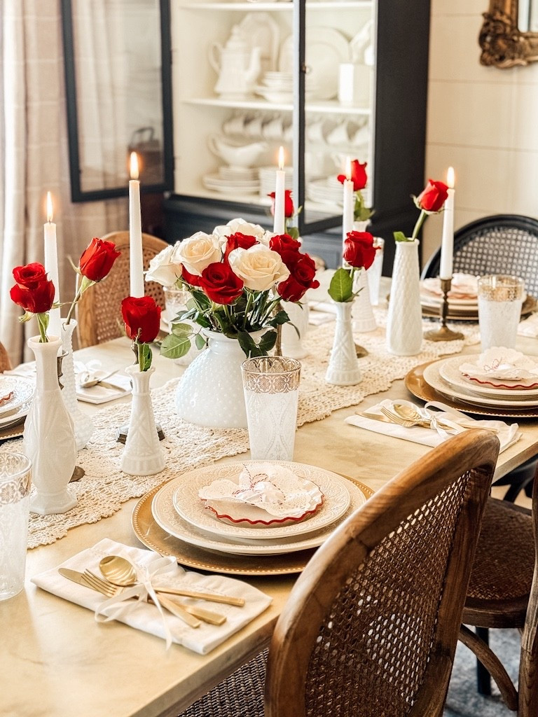 Milk glass + roses = simple, timeless & elegant Valentine’s Day tablescape ♥️🤍☠️ #milkglass #vintagefarmhouse #vintagestyle #cottagecore 

#LTKValentine #LTKSeasonal #LTKHome