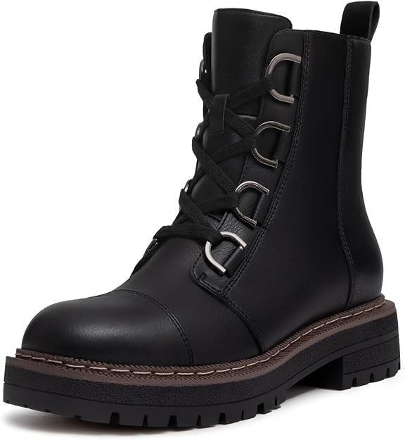 Women's Low Chunky Heel Lace-Up Platform Ankle Combat Boots | Round Toe Short Booties With Soft C... | Amazon (US)