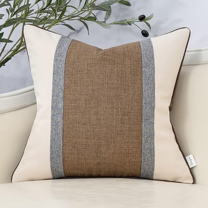 Yangest Coffee Brown Patchwork Linen Throw Pillow Cover Farmhouse Burlap Cushion Case Neutral Pil... | Amazon (US)