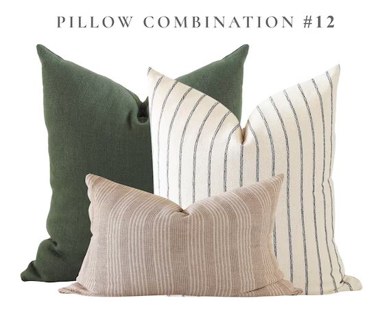 Pillow Combination Set Green Linen Pillow Cover Black | Etsy | Etsy (US)