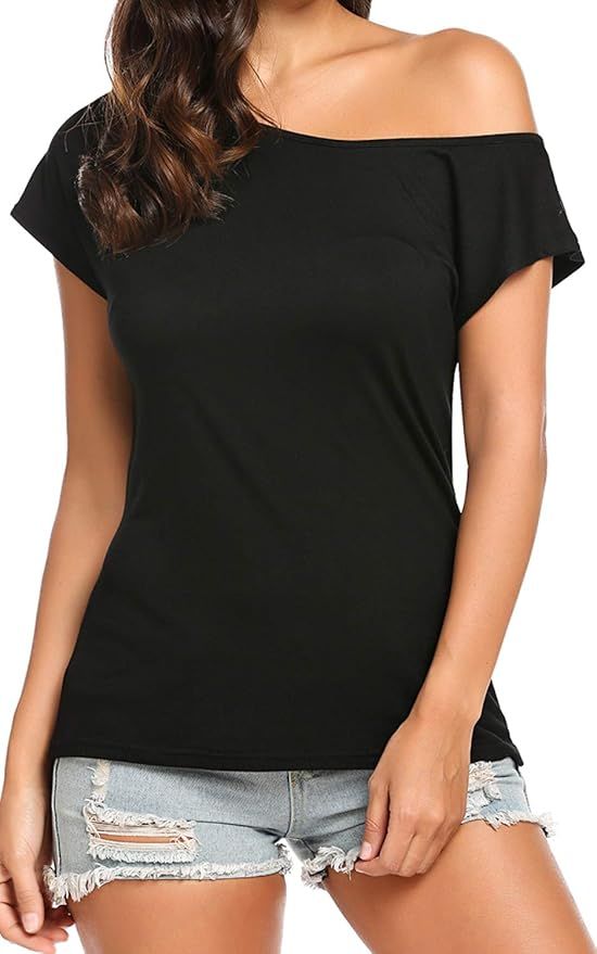 Halife Women's Casual Off Shoulder Tops Short Sleeve T Shirts Loose Summer Blouse Shirt | Amazon (US)