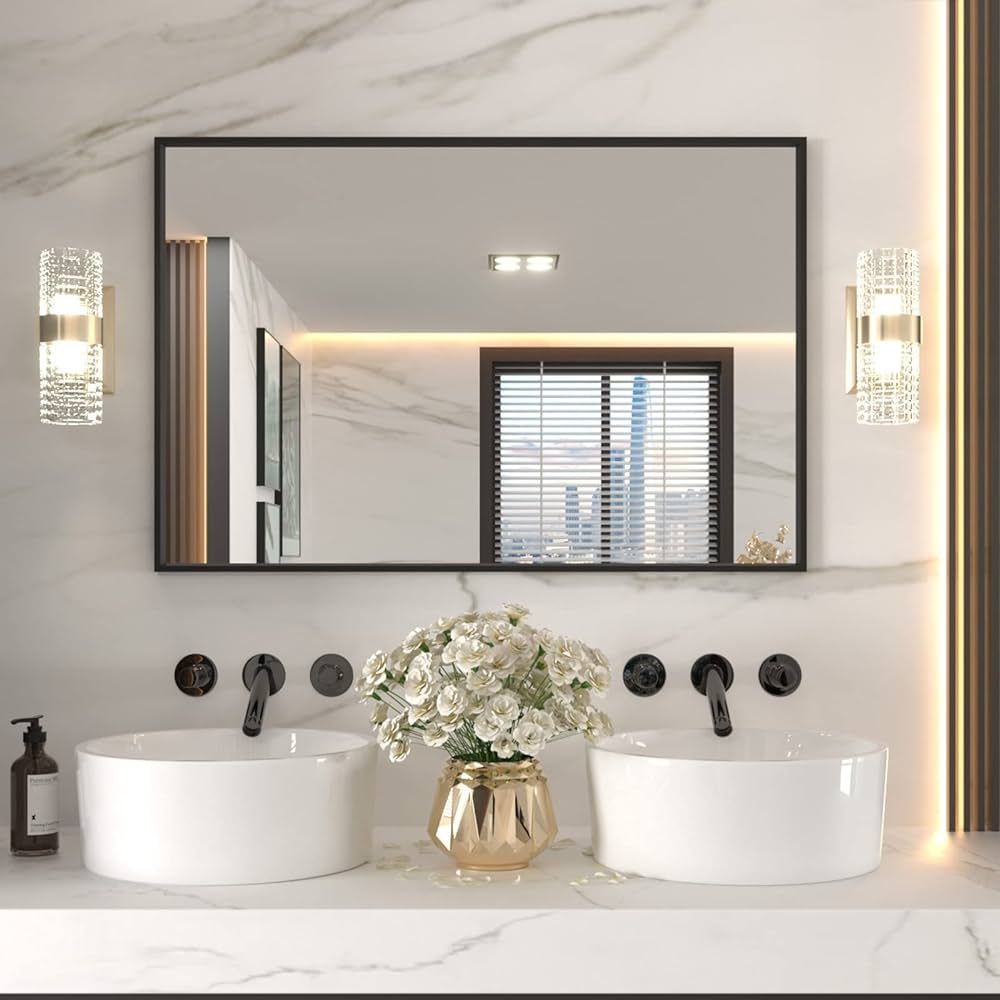 LOAAO 48"X32" Black Rectangle Bathroom Mirror Wall, Matte Black Aluminum Alloy Frame, Tempered Gl... | Amazon (US)