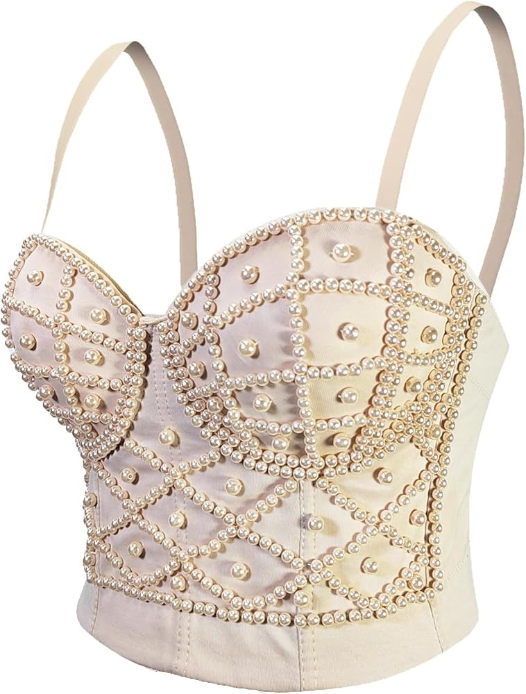 Women's Strap Beads Bustier Corset Crop Top Club Party Bra | Amazon (US)