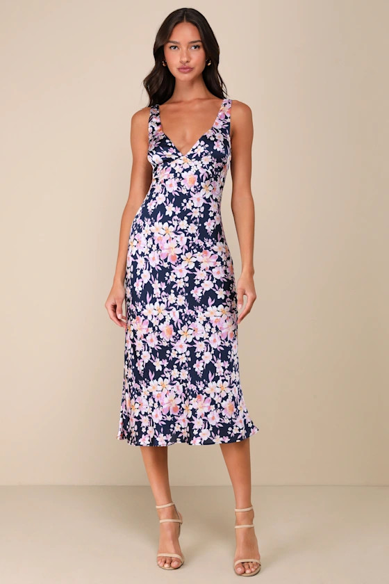 Admirable Charmer Navy Blue Floral Satin Tie-Back Midi Dress | Lulus