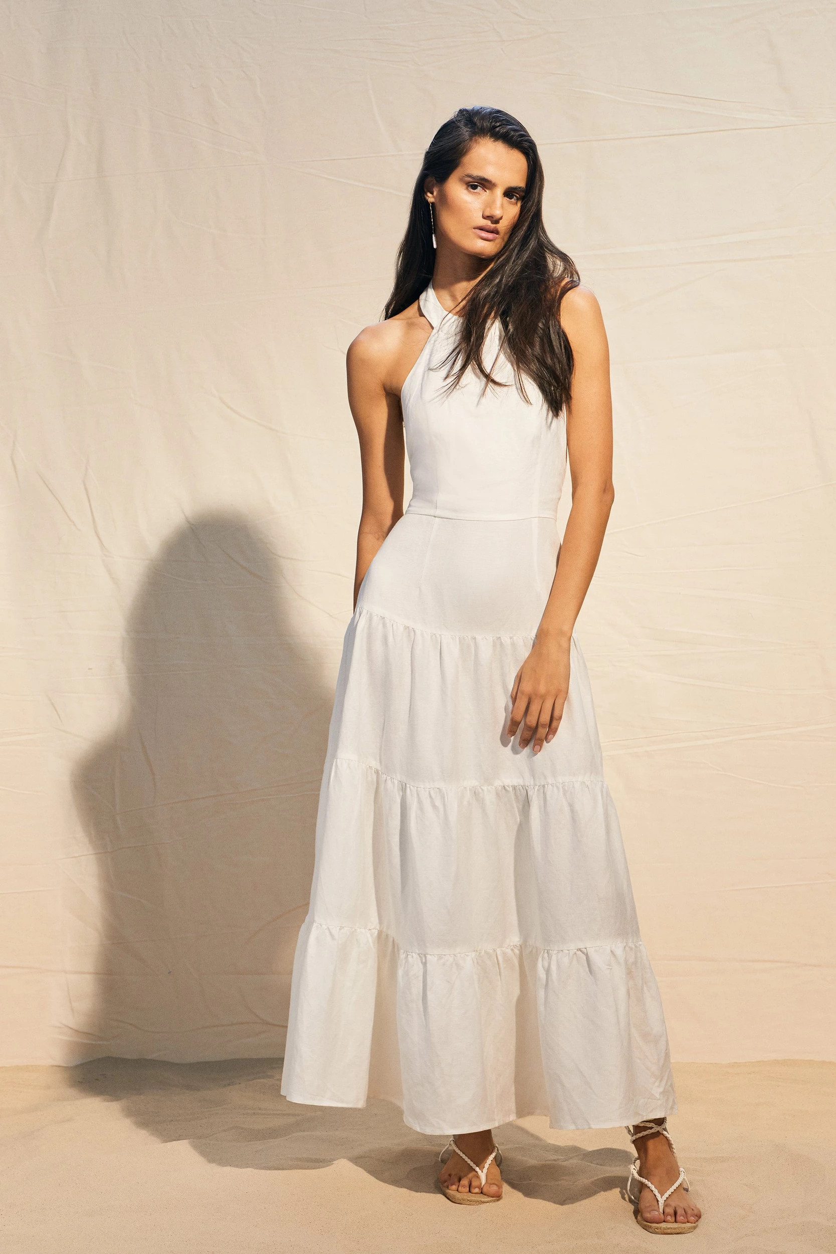 Viscose Linen Halterneck Tiered Maxi Dress | Karen Millen US