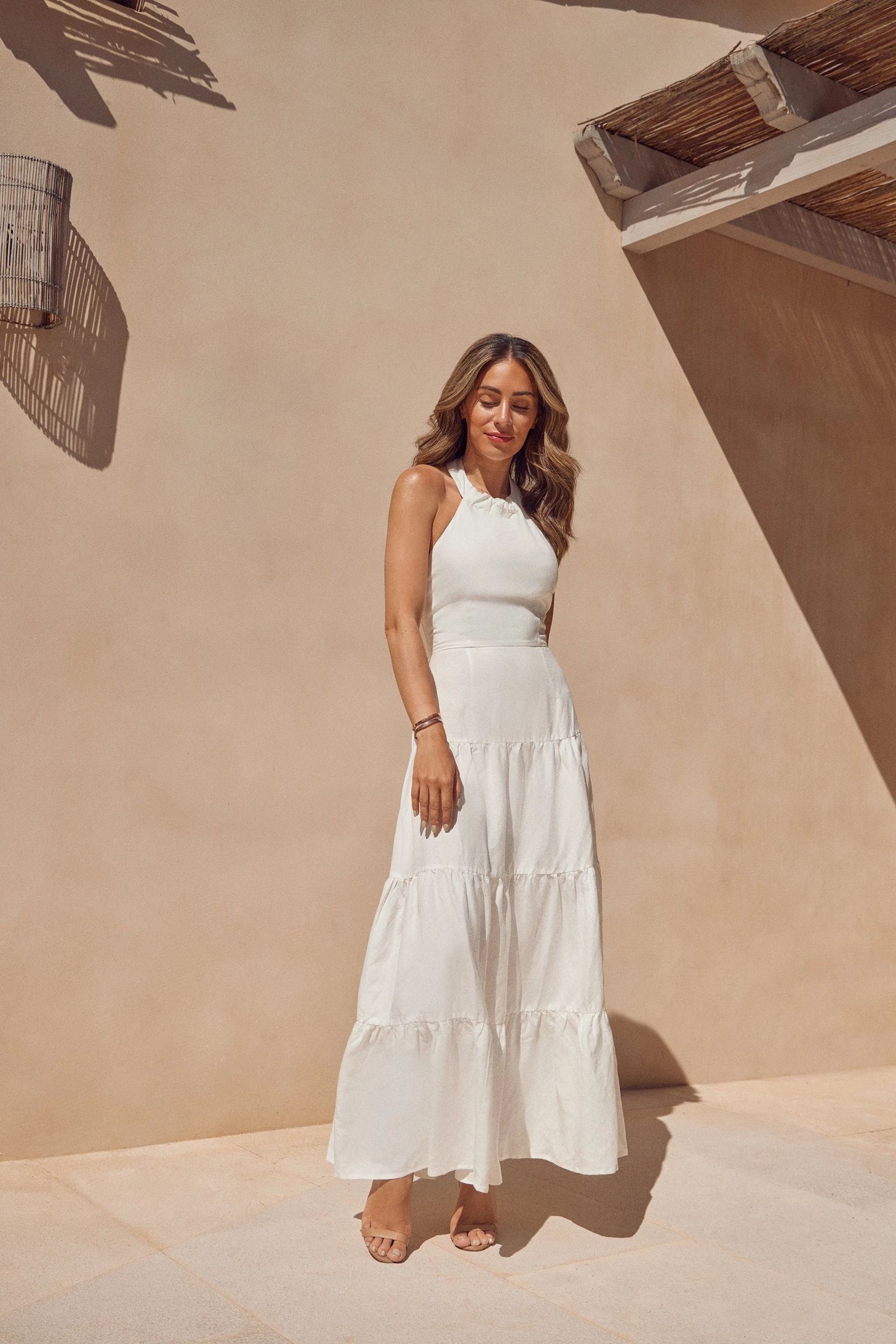 Viscose Linen Halterneck Tiered Maxi Dress | Karen Millen US