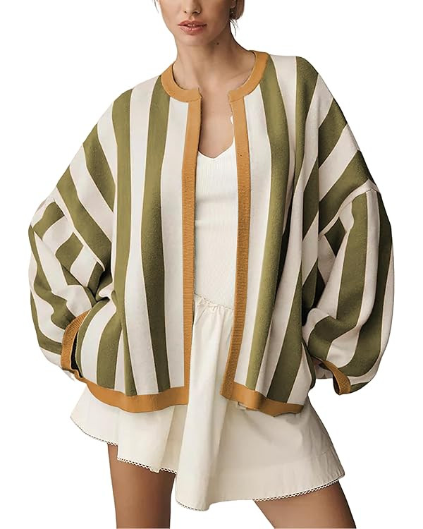Women's Casual Loose Fit Striped Cardigan Long Balloon Sleeves Open Front Knit Sweater | Amazon (US)