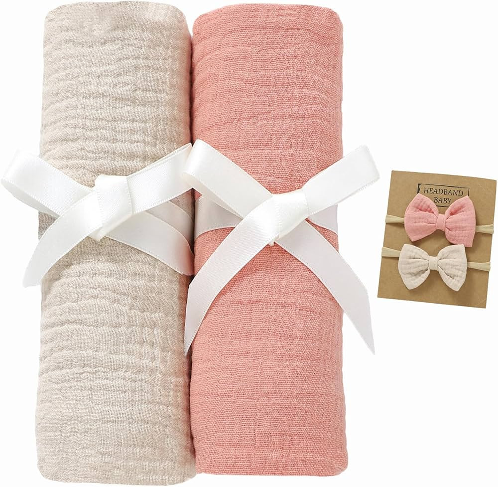 2 Pack Muslin Swaddle Blankets with Headband Set 47x47 in,Large 100% Organic Cotton Muslin Baby B... | Amazon (US)