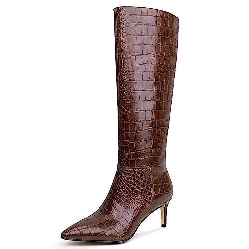 wetkiss Brown Knee High Boots for Women - Pointed Toe Kitten Heel & Crocodile, Side Full Zipper for Easy Wear, All-Day Comfort Crocodile Brown Boots for Work, Party and Daily Chic Style | Amazon (US)