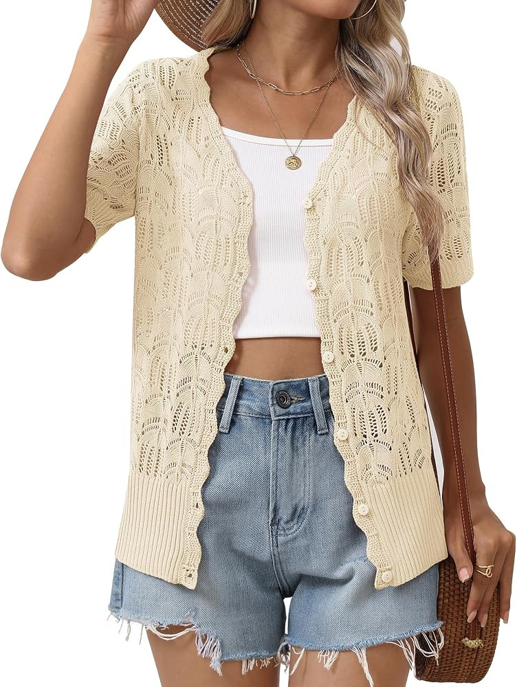 Zeagoo Women's Short Sleeve Summer Cardigan Crochet Button up Shrug Sweater | Amazon (US)