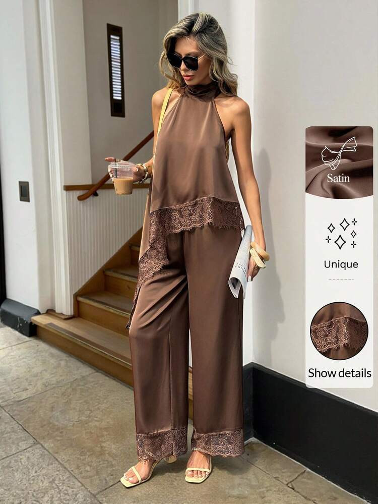 Siren Gaze Conjunto De 2 Piezas De Top Halter Con Dobladillo Asimétrico De Encaje En Contraste Y Pantalones Para Mujer | SHEIN