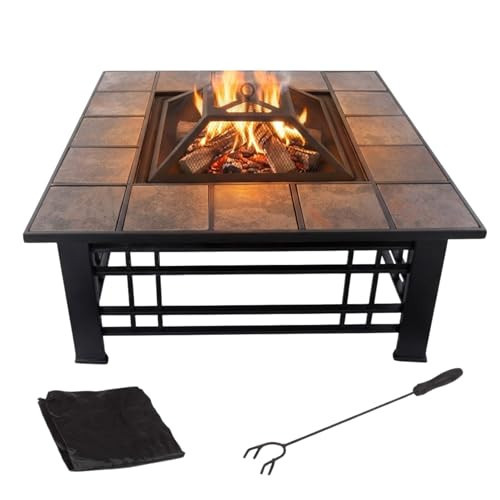 Fire Pit Set, Wood Burning Pit - Includes Spark Screen and Log Poker - Great for Outdoor and Patio, 32” Square Tile Firepit by Pure Garden | Amazon (US)