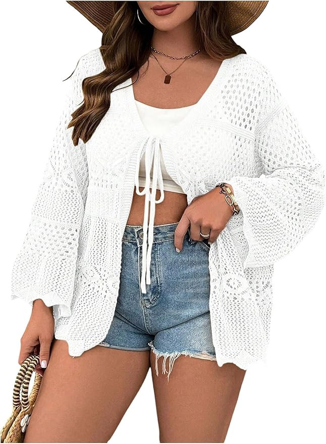 Verdusa Women's Plus Size Cardigan Bow Tie Hollow Out Cardigans Sweaters Sheer Crochet Knit Outwe... | Amazon (US)