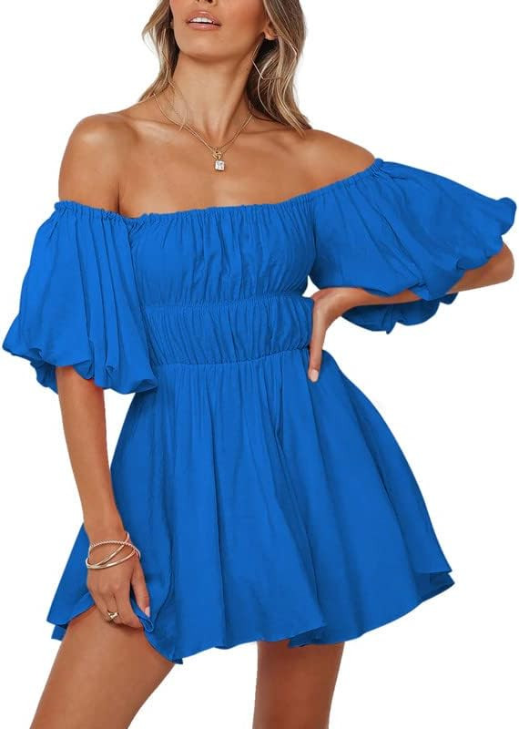 Dokotoo Womens Off Shoulder Summer Dresses Short Lantern Sleeve Ruffle Elastic Waist A-Line Casua... | Amazon (US)