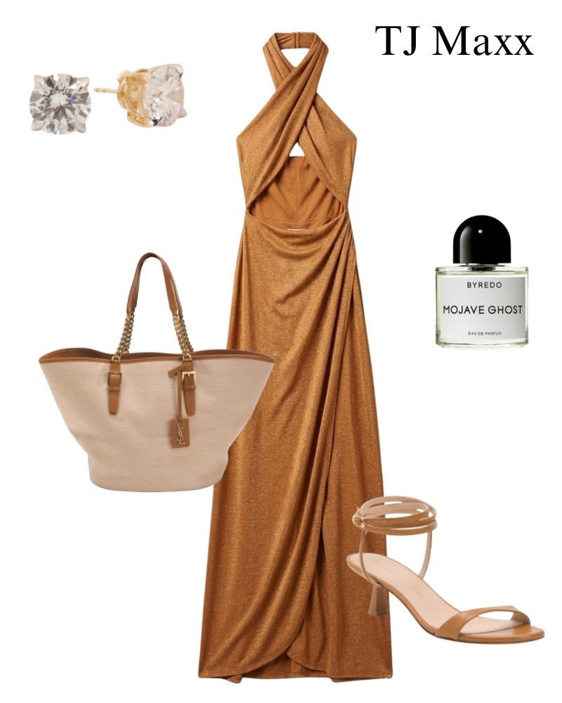 Designer fines on sale at TJ Maxx, date, night, outfit idea, summer, Saint Laurent, tote, diamond, earrings, Mojave, ghost, perfume, heels, maxi dress, cut out, date night.

#LTKootd #LTKSaleAlert