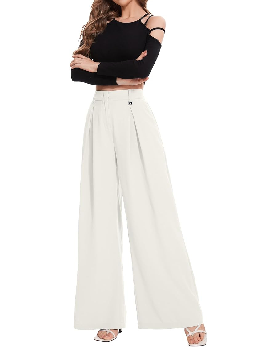 FUNYYZO Women Palazzo Pants High Elastic Waisted Business Work Long Trousers Wide Leg Loose Casua... | Amazon (US)