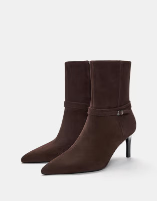 Pull&Bear Leather ankle boots with buckle and heel in brown | ASOS (Global)