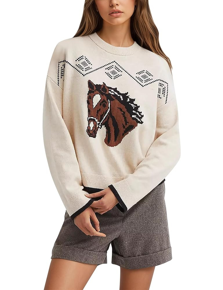 Suéter de punto de manga larga con cuello redondo y estampado de caballos, para mujer, estilo ca... | Amazon (US)