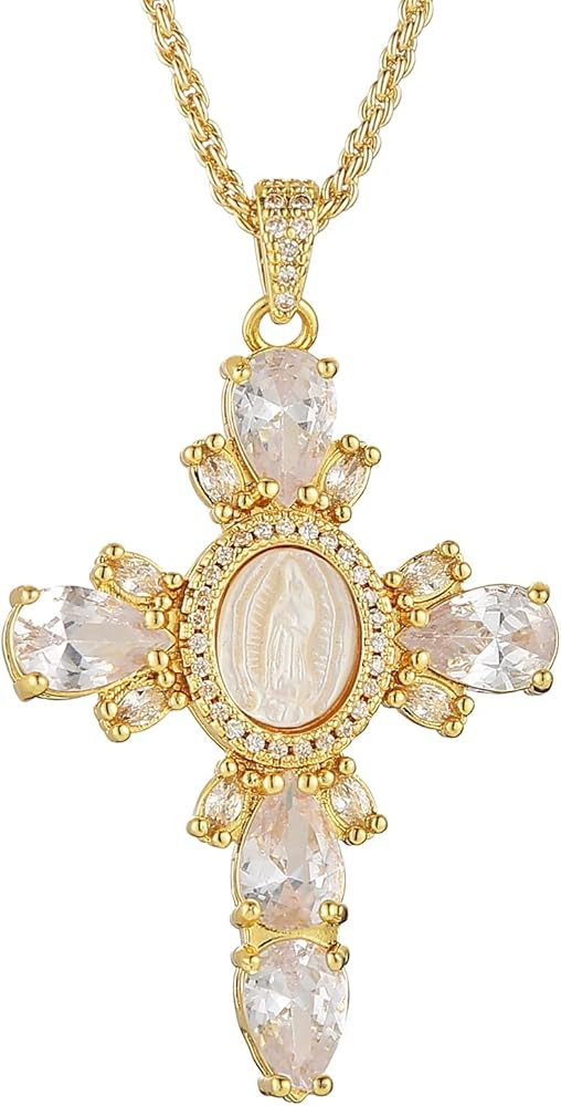 HZMAN Gold Cross Necklace for Women 18K Gold Plated Necklace Dainty Virgin Mary Cubic Zirconia Ne... | Amazon (US)