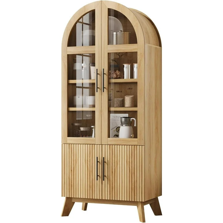 71" Tall Arched Kitchen Pantry Cabinet, Modern Fluted Storage Cabinets with Glass Door & Adjustab... | Walmart (US)