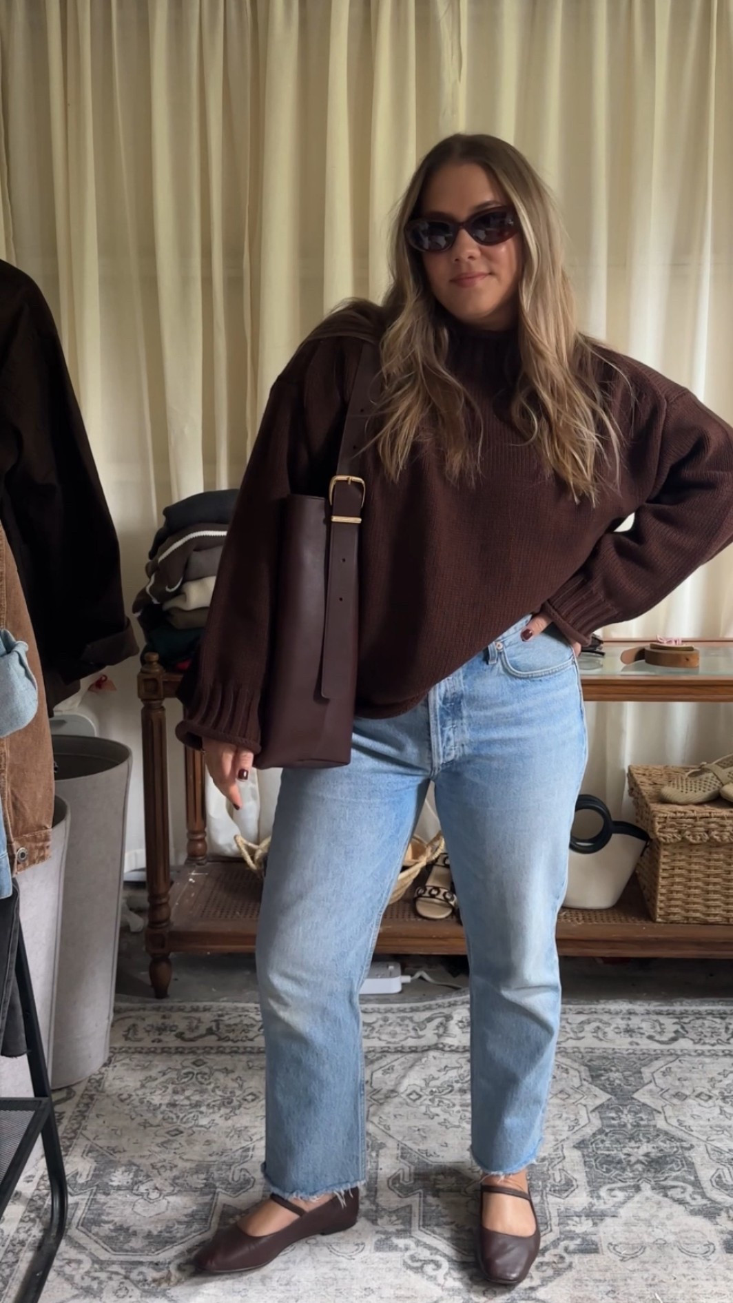 Jcrew sweater tts but is oversized fit! Runs big! 
Im in medium

Shoes size down 1/2 size

Leather bag for fall is madewell tote 

Brown sweater
Ballet flats
Agolde
Cotton sweater

Fall outfits
Fall sweater
Casual fall outfit 

#LTKItBag #LTKxMadewell #LTKSeasonal