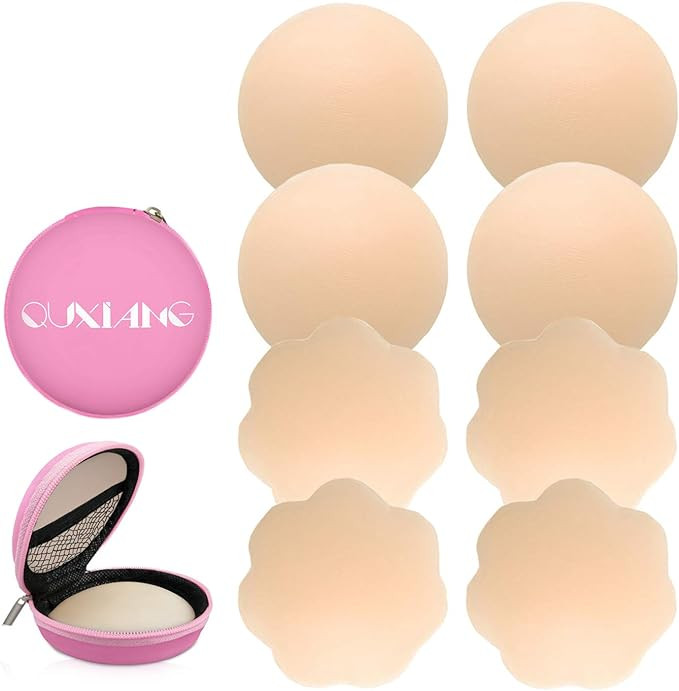 QUXIANG 4 Pairs Pasties Women Nipple Covers Reusable Adhesive Silicone Nippleless Covers (2 Round... | Amazon (US)